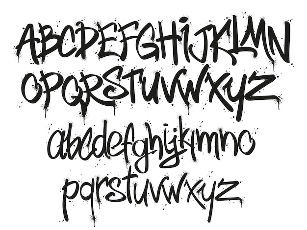Graffiti-Tags-Markerschriftart Street Art Schriftzug Designer urbane Typografie Buchstaben und Alphabet mit Tag-Marker-Splatter-Vektorsatz