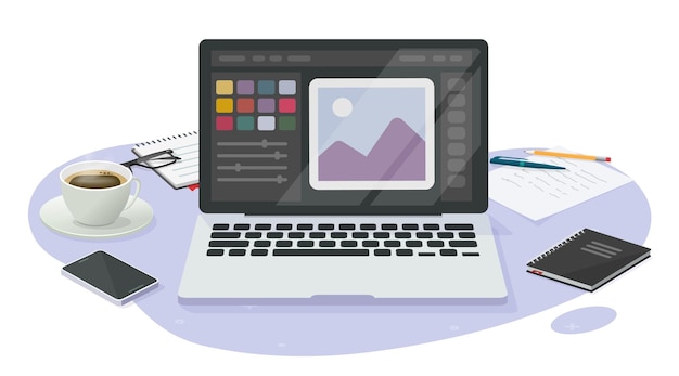 Grafik-Design-Bildeditor oder Fotografie-Zeichner-Illustrator-Software Arbeitstisch-Tisch 3D-isometrisch