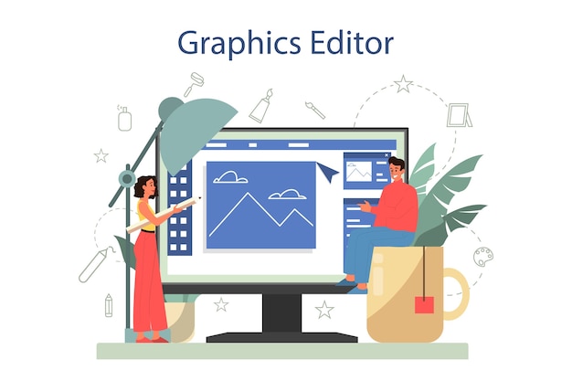 Grafik-, Illustrator-Onlinedienst oder Plattform. Künstlerzeichnung für Buch, Websites und Werbung. Online-Grafikeditor.