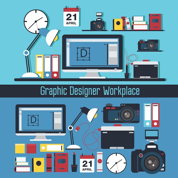 Grafikdesigner-Arbeitsplatzkonzept. Tabelle mit Computer- und Designer-Tools und Satz von Elementen