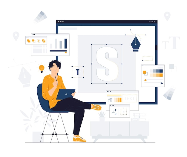 Grafikdesigner mit kreativer Inspiration bei der Illustration des Arbeitsraumkonzepts