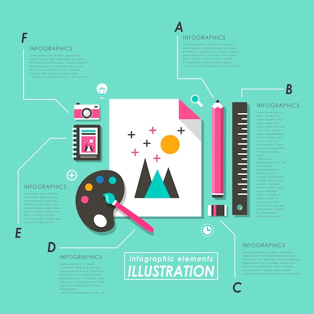 Vektor grafikdesignkonzept mit künstlerbedarf im flachen stil