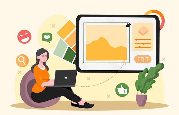 Grafische Illustratorin Junges Mädchen mit Laptop in der Nähe von Tablet mit Bild Talentvoller Künstler und Grafikdesigner Freelancer arbeitet von zu Hause aus Flachvektor-Illustration