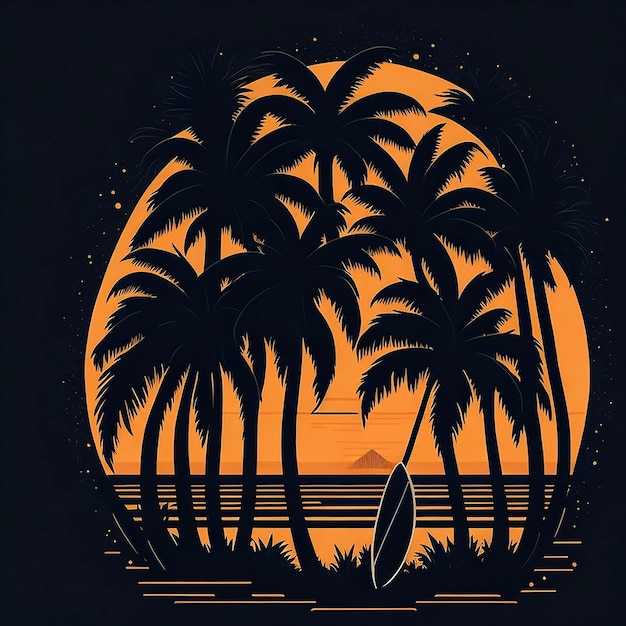 Grafische Logo-Illustration Hawaiianischer Sonnenuntergang mit Palmen, weißer, solider Hintergrund, Schlagschatten