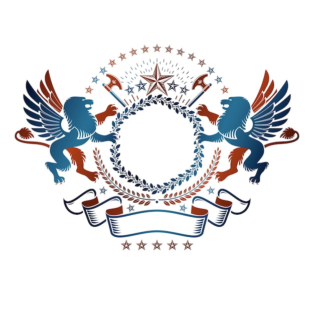 Vektor grafisches emblem mit heraldischem löwenelement, fünfeckigem stern und beilen. heraldisches wappen dekoratives logo isolierte vektorillustration.