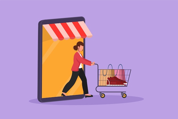 Grafisches flaches Design, das eine schöne Frau zeichnet, die aus dem Baldachin-Smartphone-Bildschirm kommt und den Einkaufswagen schiebt Verkauf digitaler Lifestyle-Konsum Online-Shop-Konzept Vektorillustration im Cartoon-Stil