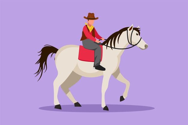 Grafisches flaches Design, das einen stilisierten Cowboy auf einem stehenden Pferd in der Wüste zeichnet. Starker und mutiger Mann mit Cowboyhut auf einem Pferd. Ältere Männer posieren mit Eleganz auf dem Pferd. Vektorillustration im Cartoon-Stil