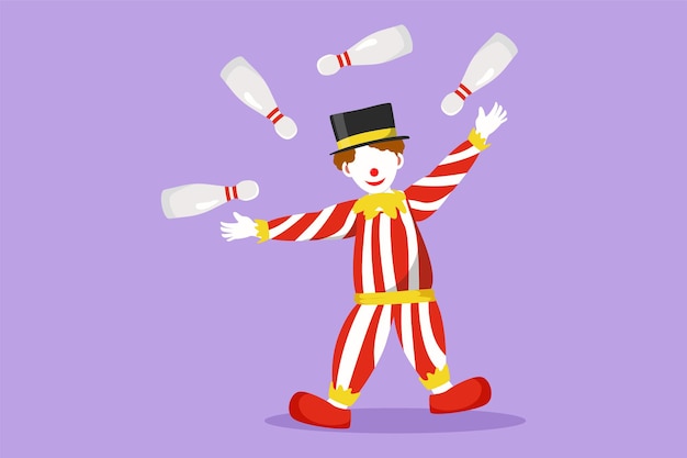Grafisches flaches design, das männliche clown-jonglierkegel zeichnet der spielende clown ist sehr lustig und unterhält das publikum zirkusshow-event erfolgsgeschäftsleistung vektorillustration im cartoon-stil