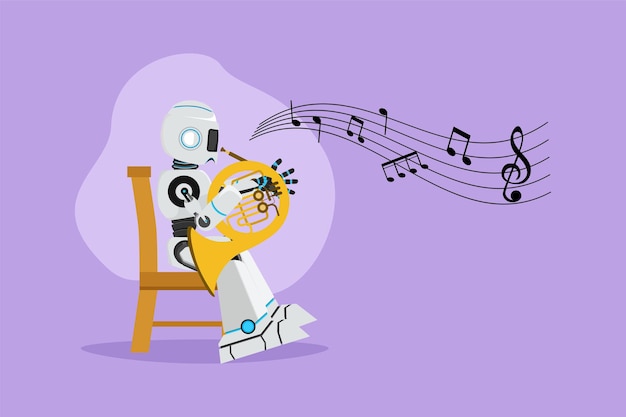 Grafisches flaches Design, das modernen Robotermusiker in klassischer Melodie auf Horn aufführt