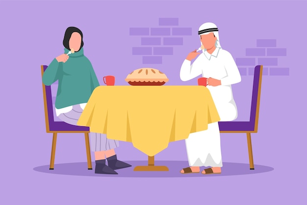 Grafisches flaches design, das teezeit mit kuchen zeichnet glückliches arabisches paar, das sitzt und spricht, trinkt und isst wohnungszimmer freund abend mit cookie-kaffee gemütliches zuhause cartoon-stil vektor-illustration
