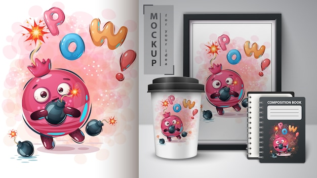 Granatapfel mit Bombenplakat und Merchandising