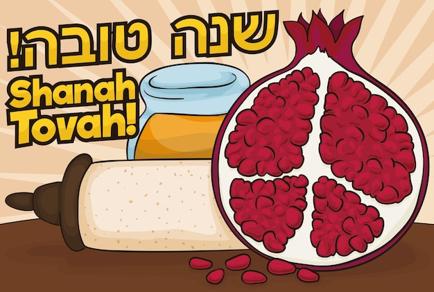 Granatapfelscheiben und einige kerne, honigglasrolle und gute wünsche, shanah tovah, auf hebräisch geschrieben