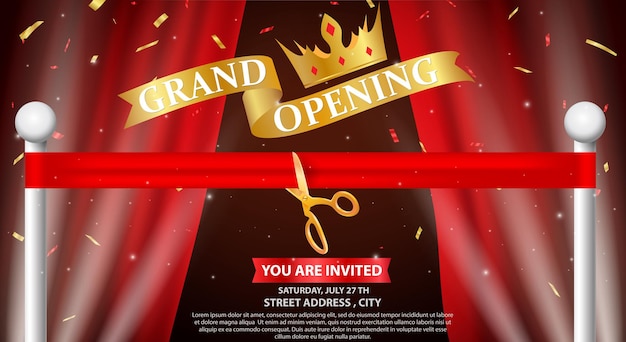 Grand opening design mit goldband und konfetti