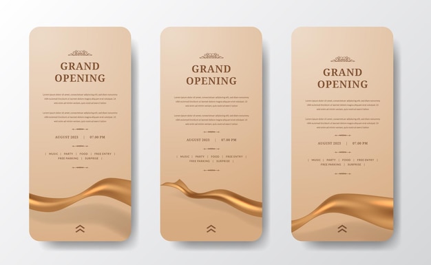 Grand opening stories social media template mit goldenem seidenstoff teuer feiern luxus