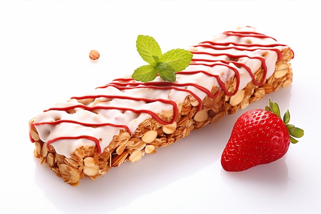 Vektor granola-bar mit frischen erdbeeren und weißer schokolade auf weißem hintergrund