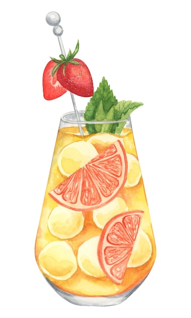 Grapefruit-soda-alkohol-cocktail. handgezeichnete aquarell-illustration auf weißem hintergrund. getränk-clipart-element