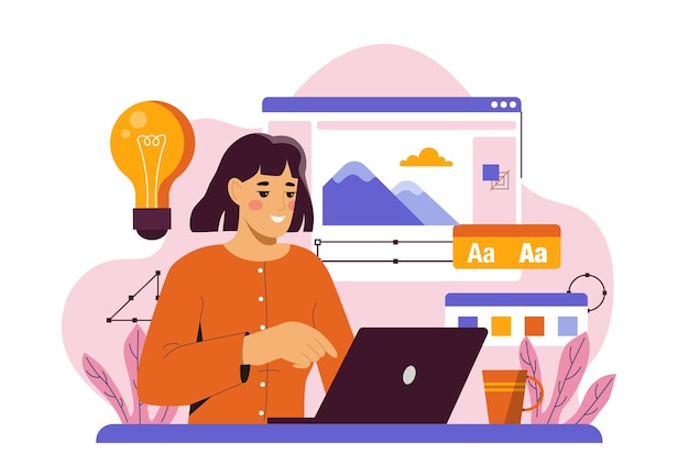 Graphikerin arbeitet an einem Laptop mit UI-Elementen, Farbpaletten und Glühbirnen-Ikonen