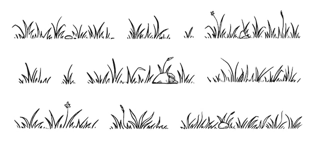 Gras-Doodle-Skizzenstil-Set Handgezeichneter Grasfeld-Umriss-Scribble-Hintergrund Sprout Flower Clover-Elemente