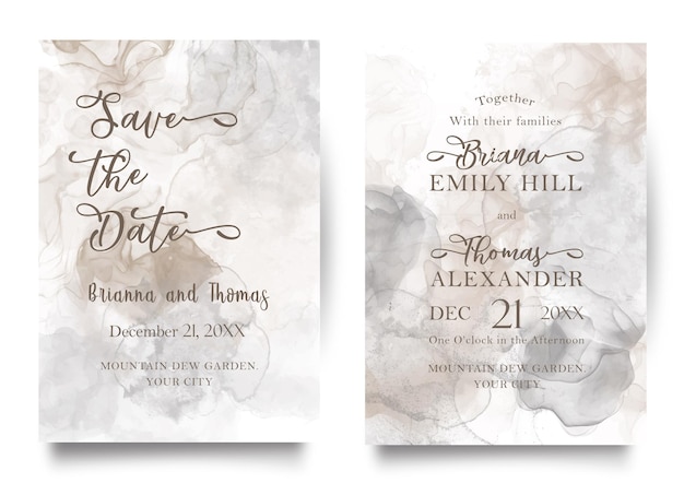 Graue Alkohol-Tinten-Aquarell-Hochzeitseinladung mit Save the Date