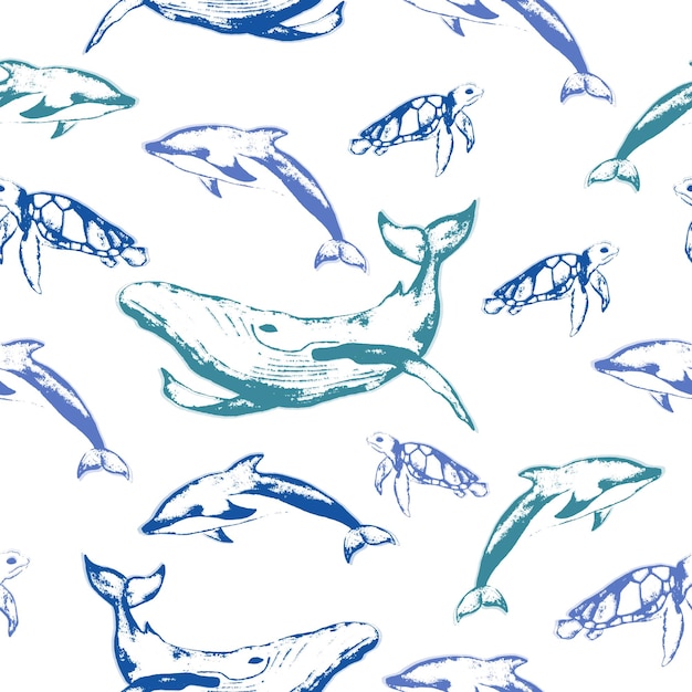 Grauer delfin cowfish blauwal meer grüne schildkröte ozeantiere vektor nahtloses muster