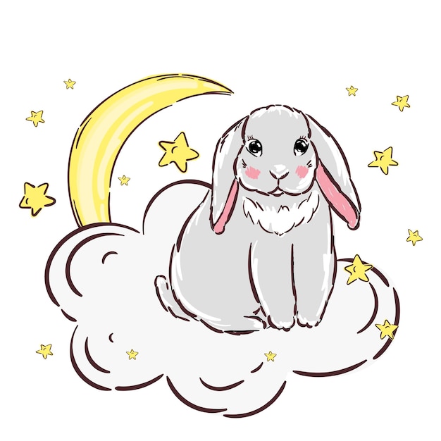 Grauer Hase auf weißer Wolke mit Sternen und Mond Grauer Kaninchendruck Niedliches handgezeichnetes Tierdesign für Kinderbuch-T-Shirt-Karten