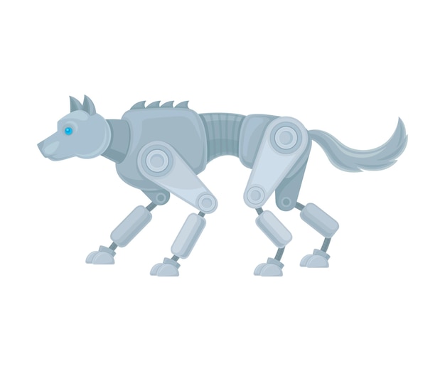 Grauer Metallroboter in Form eines dünnen Wolfes kommt Seitensicht Vektorillustration auf weißem Hintergrund