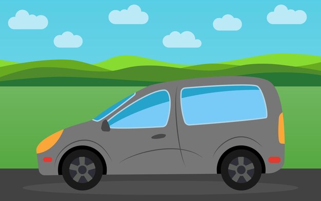 Graues Auto im Hintergrund der Naturlandschaft tagsüber. Vektor-Illustration.