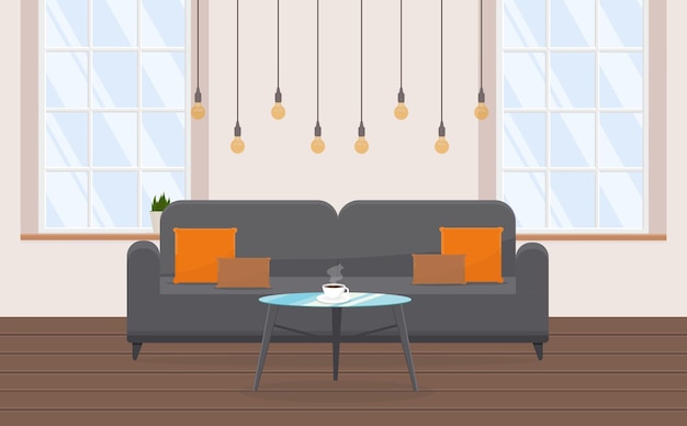 Graues, weiches sofa in einem minimalistischen interieur im loftstil mit großen fenstern