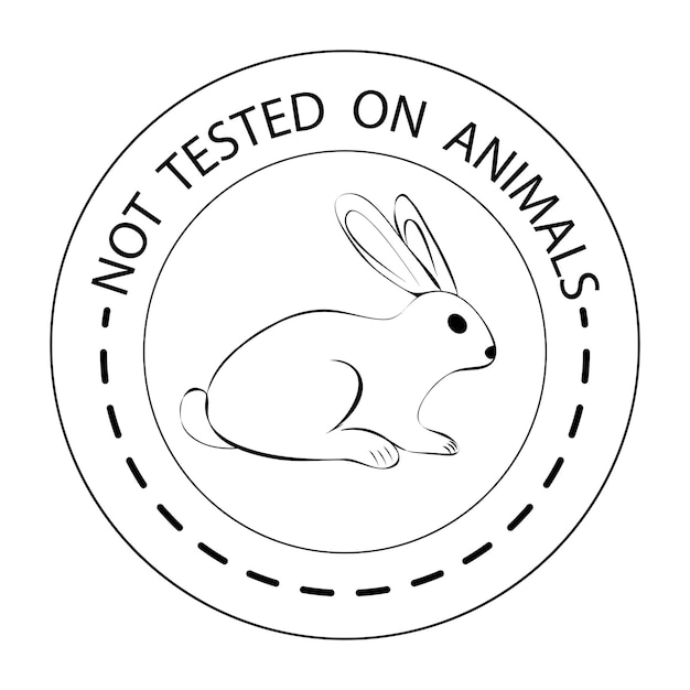 Grausamkeit frei. umriss-kaninchensymbol mit nicht an tieren getestetem schriftzug. symbol für produkte, die nicht an tieren getestet wurden. schwarzes rundes symbol mit einem kaninchen. vektor