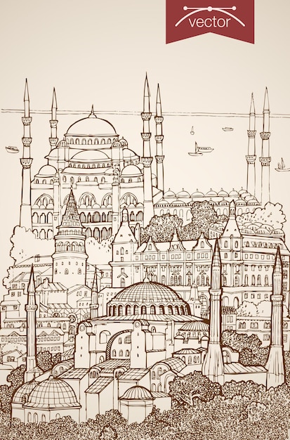 Vektor gravur vintage hand gezeichnet von sehenswürdigkeiten und sehenswürdigkeiten in istanbul. blaue moschee der bleistiftskizze, hagia sophia sightseeing travel turkey-konzept.
