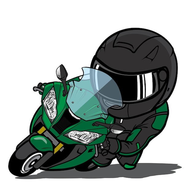 Vektor greenblack biker riding sport motorradführung in kurve mit geschwindigkeit cartoon maskottchen