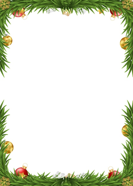 Vektor greenery christmas girlande merry christmas rahmen mit tannenzweigen, goldenen silbernen schneeflocken und 3d-ball isoliert auf weißem hintergrund vektordekorationsdesign