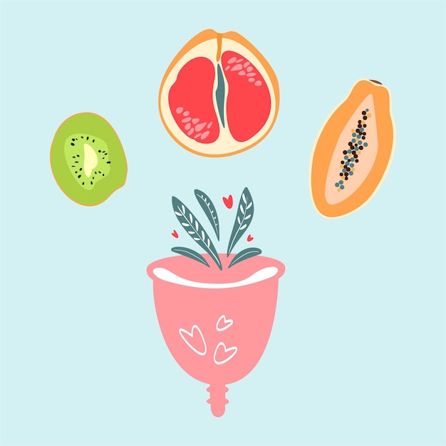 Grejpfrut-frucht papaya-frucht und kiwis vektorillustration mit menstruationstasse und blumen