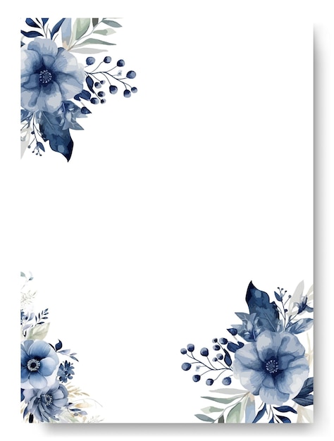 Vektor grenzhochzeitseinladungskartenhintergrund mit blauer anemonenblume und botanischen blättern