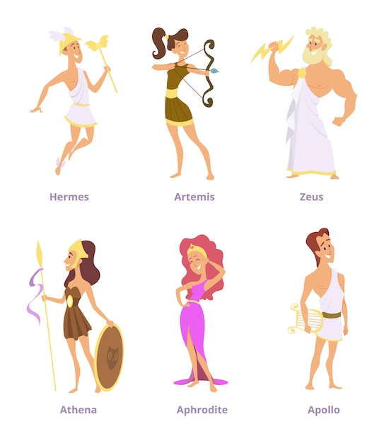 Griechische antike götter. set zeichentrickfilm-figuren männlich und weiblich