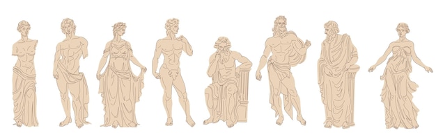 Griechische Marmorskulpturen Statuen eines römischen Gelehrten oder Gottes, griechische Mythologie, antike Denkmäler und weibliche Statuen, skulpturale Anatomie, Museumskunst, geniale Vektorillustration einer griechischen Marmorskulptur