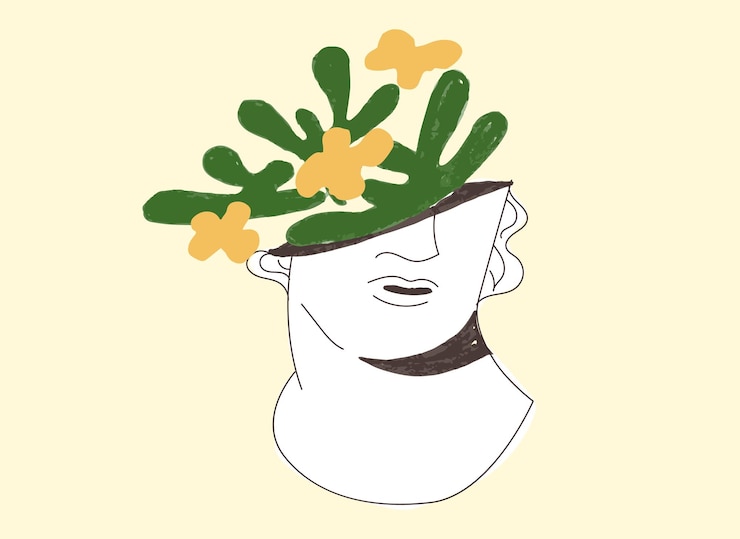 Vektor griechische skulptur mit grünem geist griechenland abstrakte zeitgenössische statue matisse-formkunst kreativer positiver alter charakter organisches blatt wächst im kopf positive denkweise flache vektorillustration