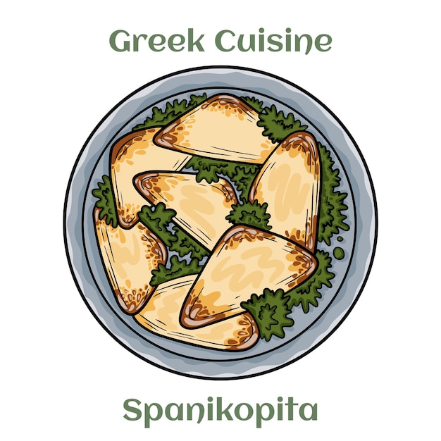 Vektor griechische spanakopita oder spinatkuchen traditionelle griechische küche isolierte vektorgrafiken