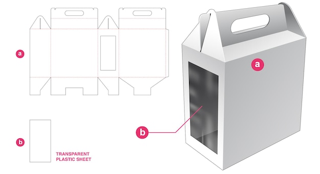 Griffbox und fenster aus karton mit transparenter plastikfolien-stanzschablone