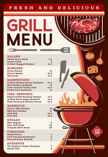 Vektor grill-menü mit grill-essen, barbecue-café