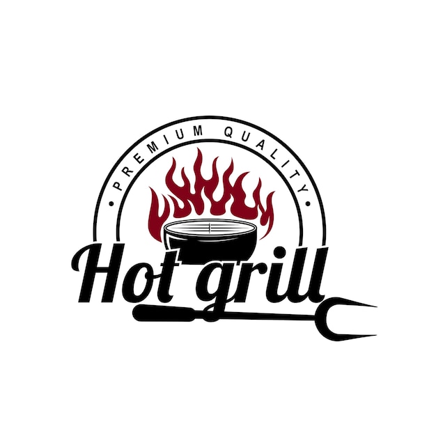 Grill-vintage-logo-konzept grillwerkzeug mit feuerflammen-stempelvorlage vektorillustration