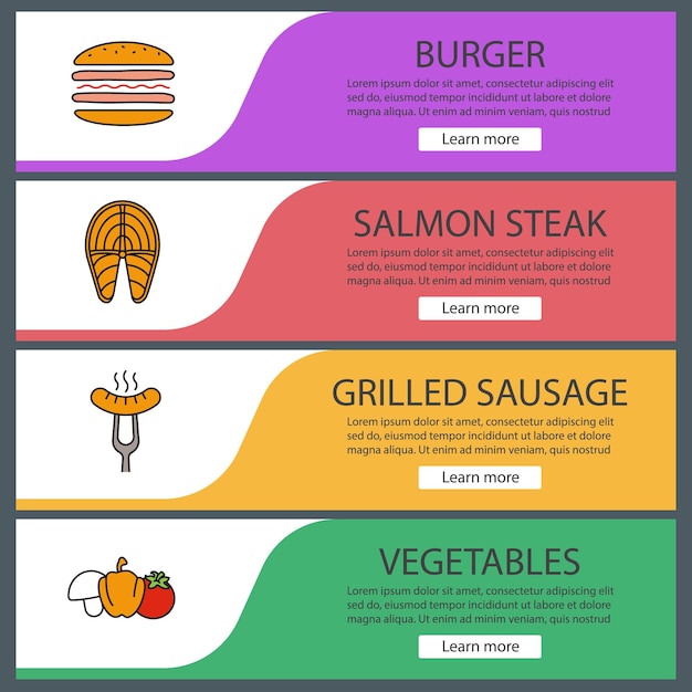 Grill-web-banner-vorlagen festgelegt. menüelemente in farbe der website. burger, lachssteak, bratwurst, gemüse. designkonzepte für vektortitel