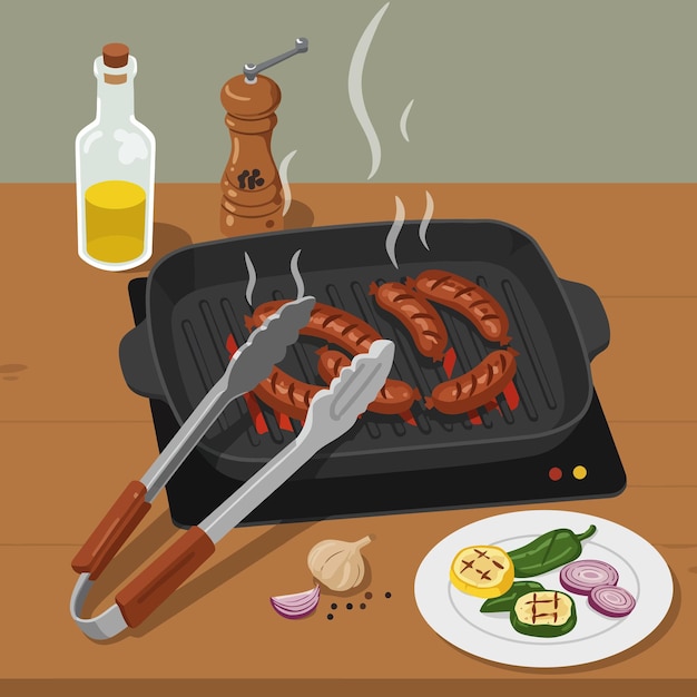 Grillen von Würstchen mit Gemüse Gesundes Essen Vorbereitung flache Illustration