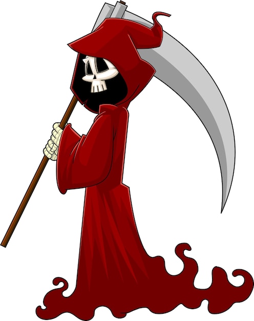Grim reaper, skelett, zeichentrickfigur, mit, a, sense, vektor, hand, gezeichnet, illustration