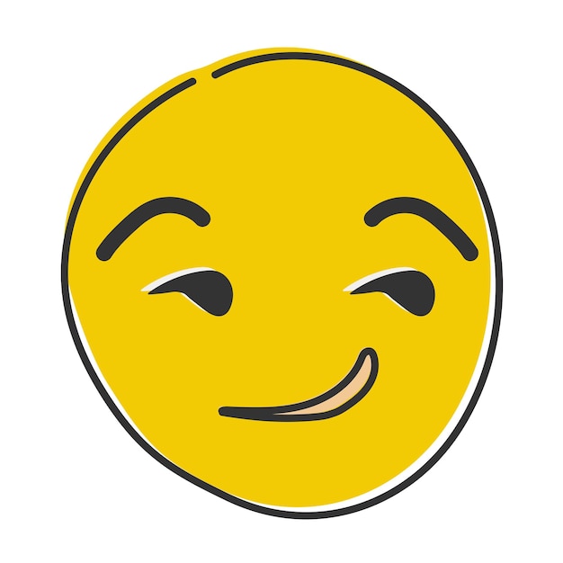 Grinsendes Emoji Gelbes Gesicht mit suggestivem selbstgefälligem oder schelmischem Gesichtsausdruck Schlaues Emoticon Handgezeichnetes Emoticon im flachen Stil