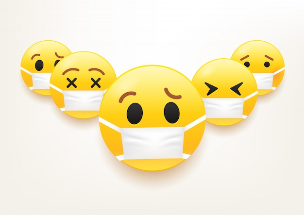 Grippeepidemie-Konzept. Gruppe von Emoji mit Maske