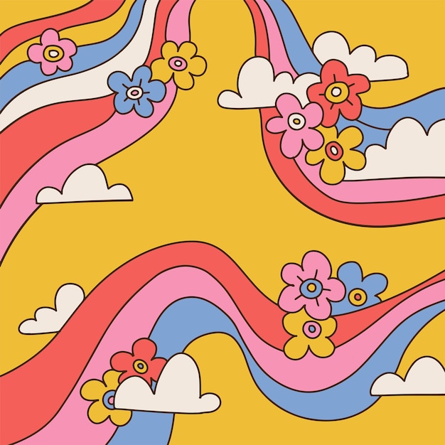 Groovige psychedelische blume quadratischer hintergrund abstrakte konturlinie kunstblüte regenbogenspuren colorfu