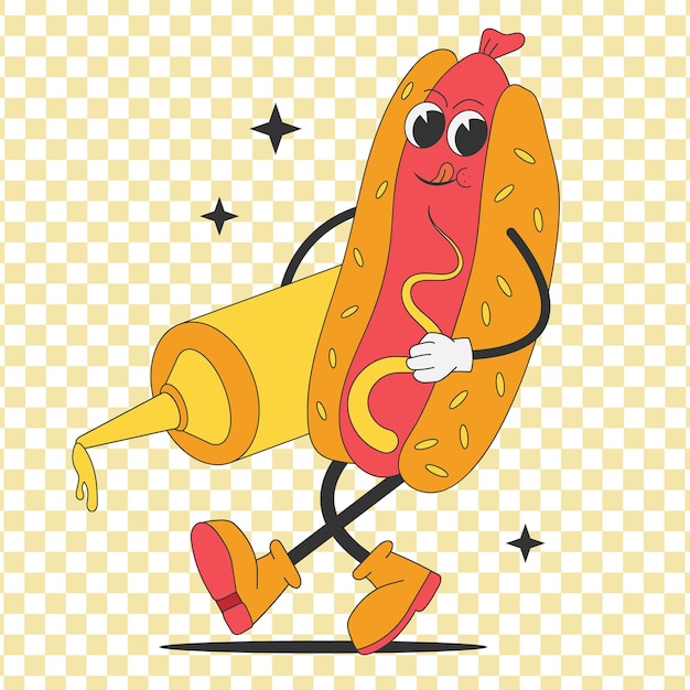 Vektor grooviger hot dog mit mastard-cartoon-stil retro-wurstfigur