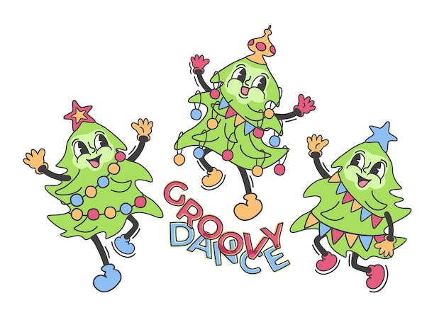 Grooviger tanz der weihnachtsbäume retro-cartoon-vektor isolierte illustration mit schriftzug
