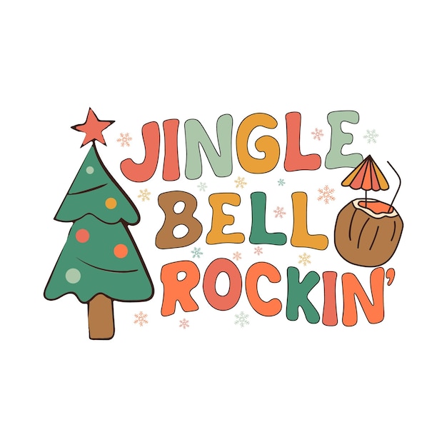 Grooviger weihnachtsdruck mit baum und kokosnuss und zitatjingle bell rockin retro christmas graphics st